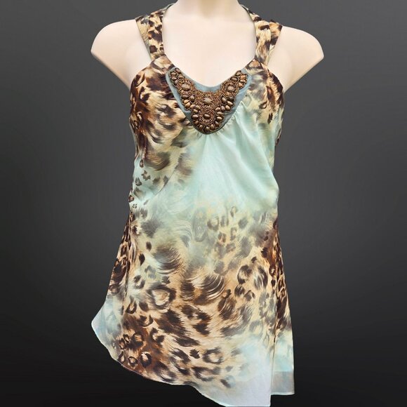 Y2K Sleeveless Beaded Asymmetric Top Size 20 2XL Leopard Seafoam Green Chiffon - Picture 1 of 12
